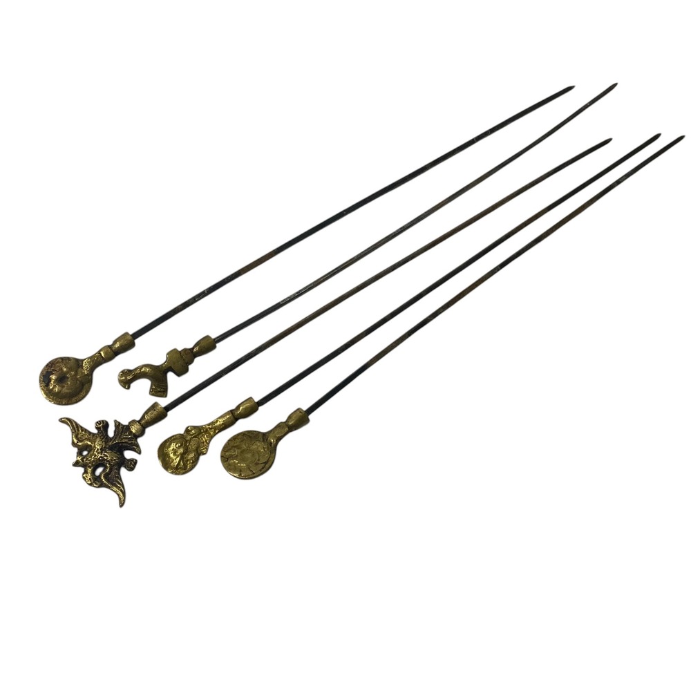 Vintage Brass Figural Cocktail Kabob Skewers Set Ornate Griffin Dolphin Barware